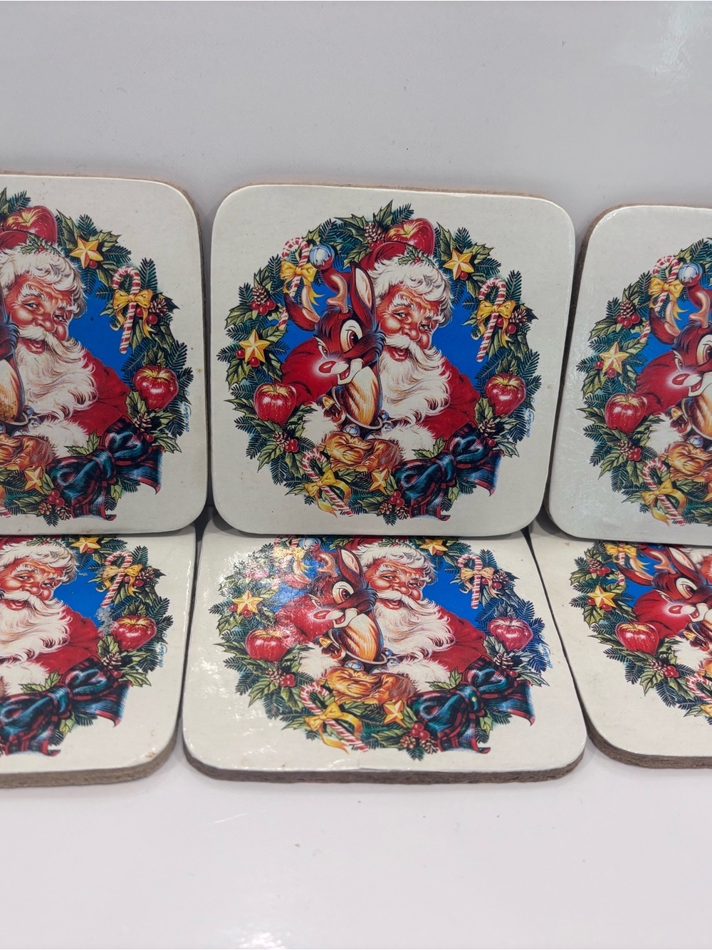vintage santa and Rudolph cork coaster set of 6-excellent condition 4x 4 inch